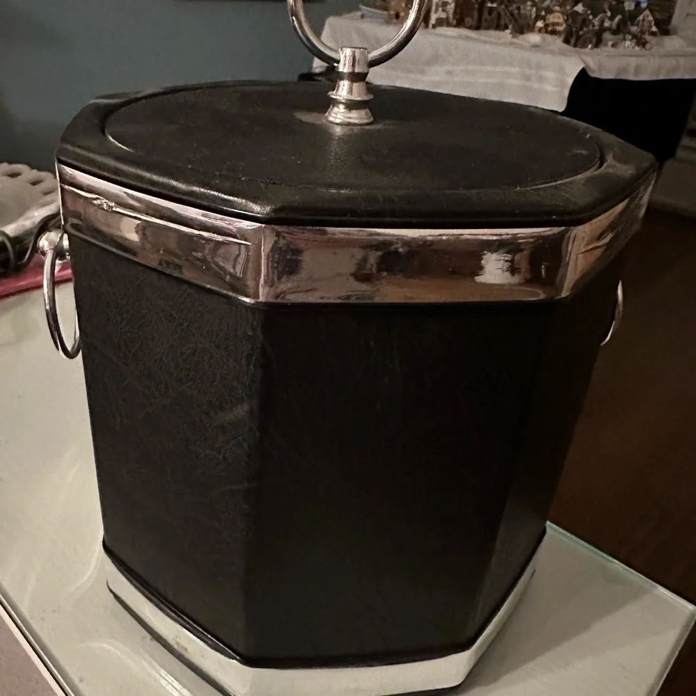 Vintage Faux Black Leather Ice Bucket with Chrome Trim